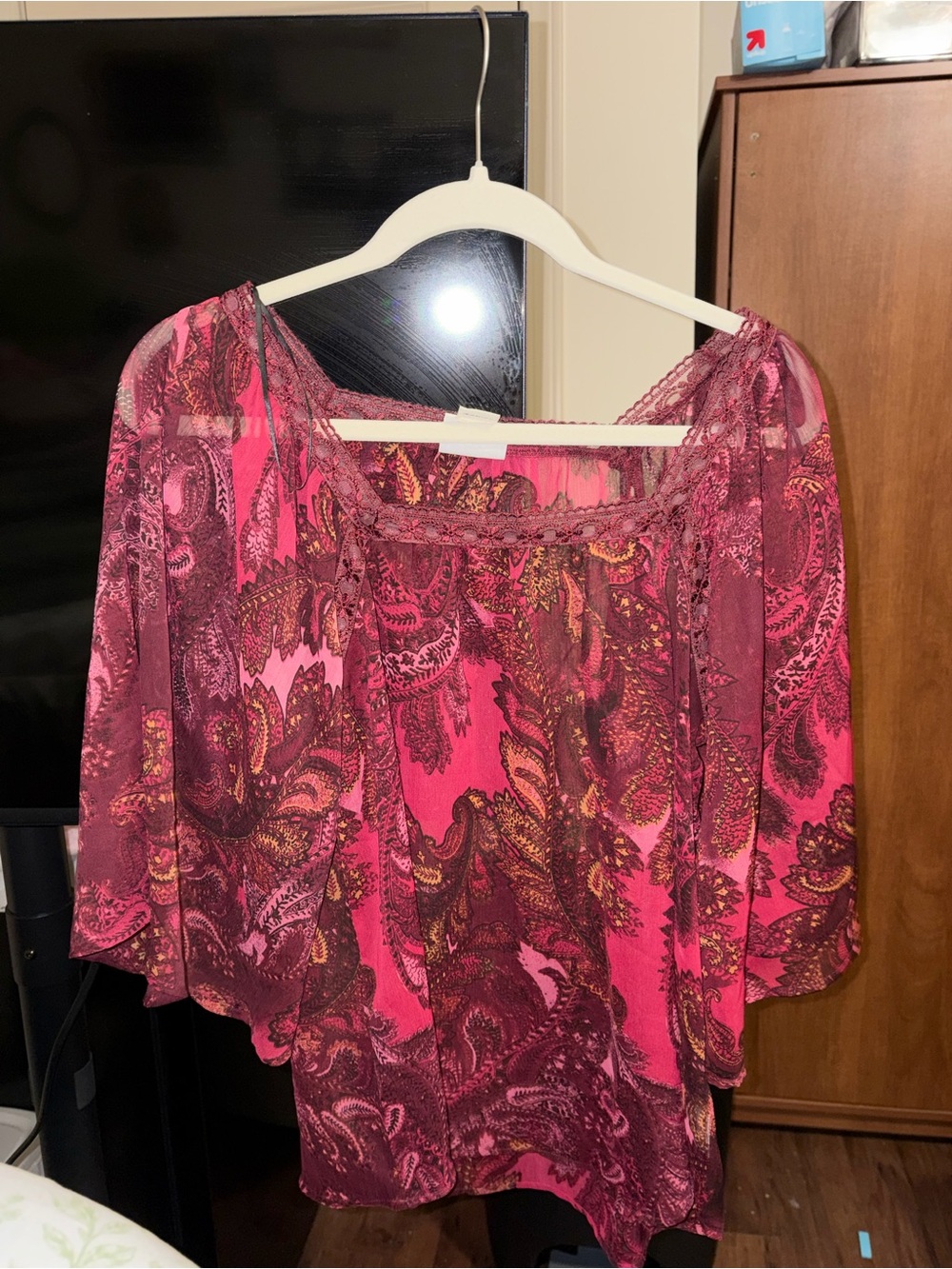 Ariat Pink Burgundy Paisley Sheer Square Neck Lace Trim Blouse XS